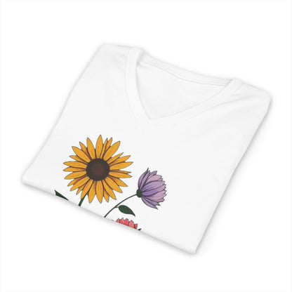 Floral Trio V-Neck Tee — Sunflower & Wildflower Botanical Graphic Shirt