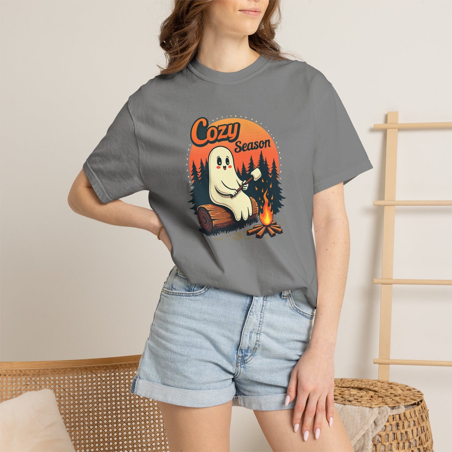 Cozy Season Ghost Tee — Campfire Autumn Graphic T-Shirt