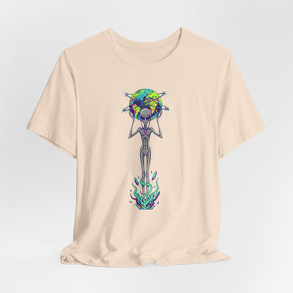 Alien Holding Earth Graphic Tee — Cosmic Sci‑Fi Alien Shirt