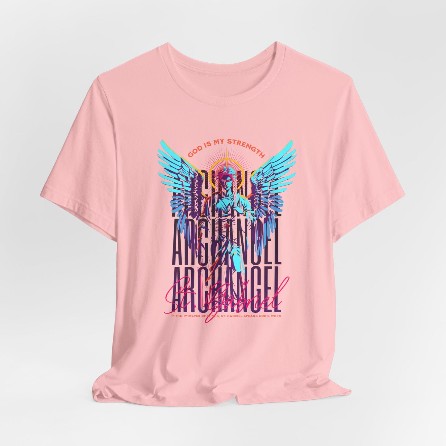 St. Gabriel Angel Tee — "God Is My Strength" Neon Graphic T-Shirt
