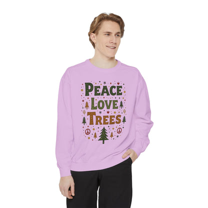 Peace Love Trees Sweatshirt — Eco Holiday Tree Graphic Sweatshirt