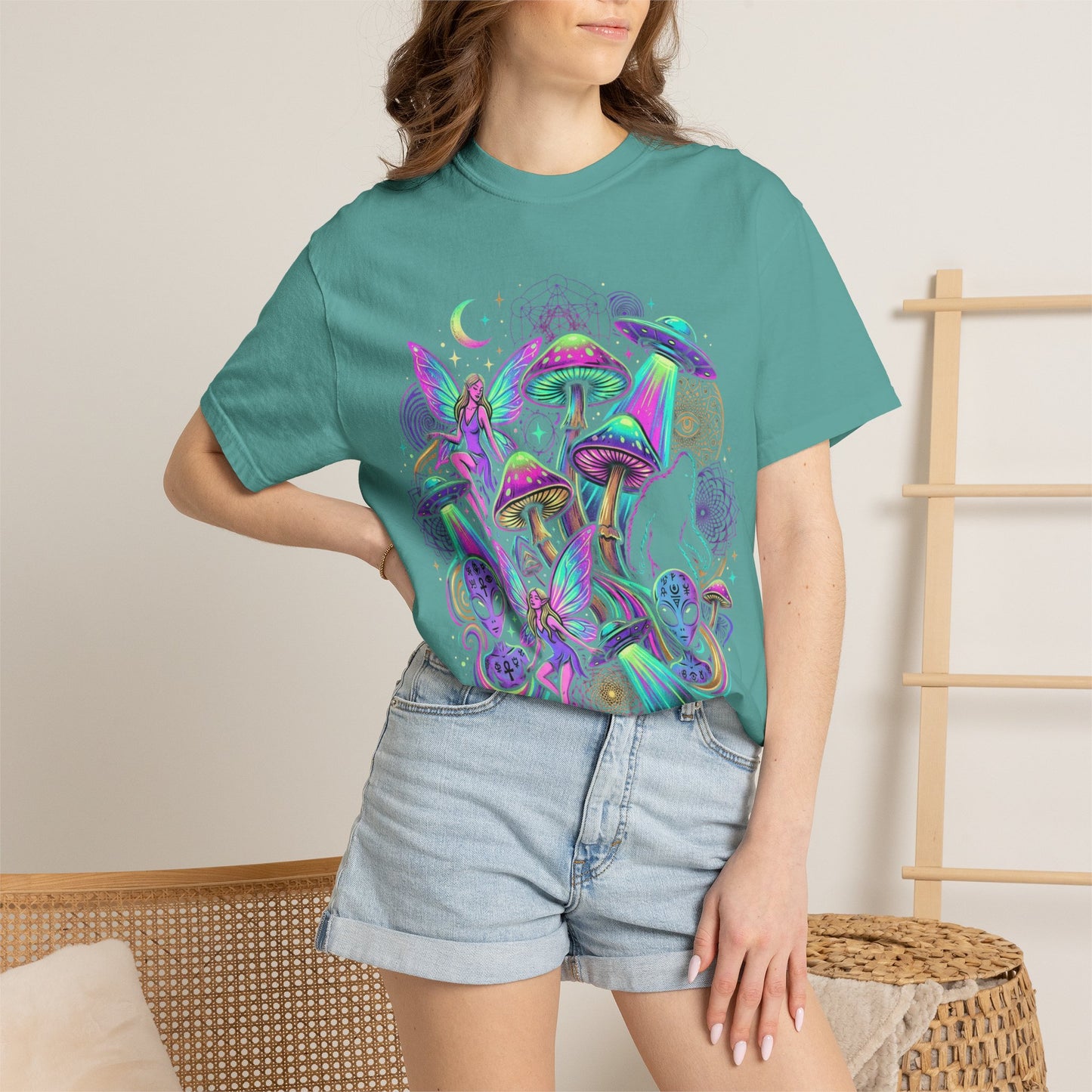 Psychedelic Mushroom Graphic T-Shirt — Neon Space Trippy Art