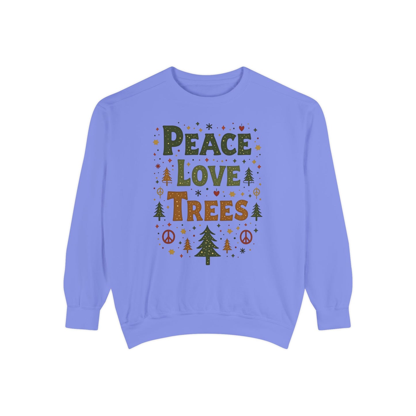 Peace Love Trees Sweatshirt — Eco Holiday Tree Graphic Sweatshirt