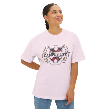 Campus Life Plaid Crest Tee — Oversized Boxy College T-Shirt