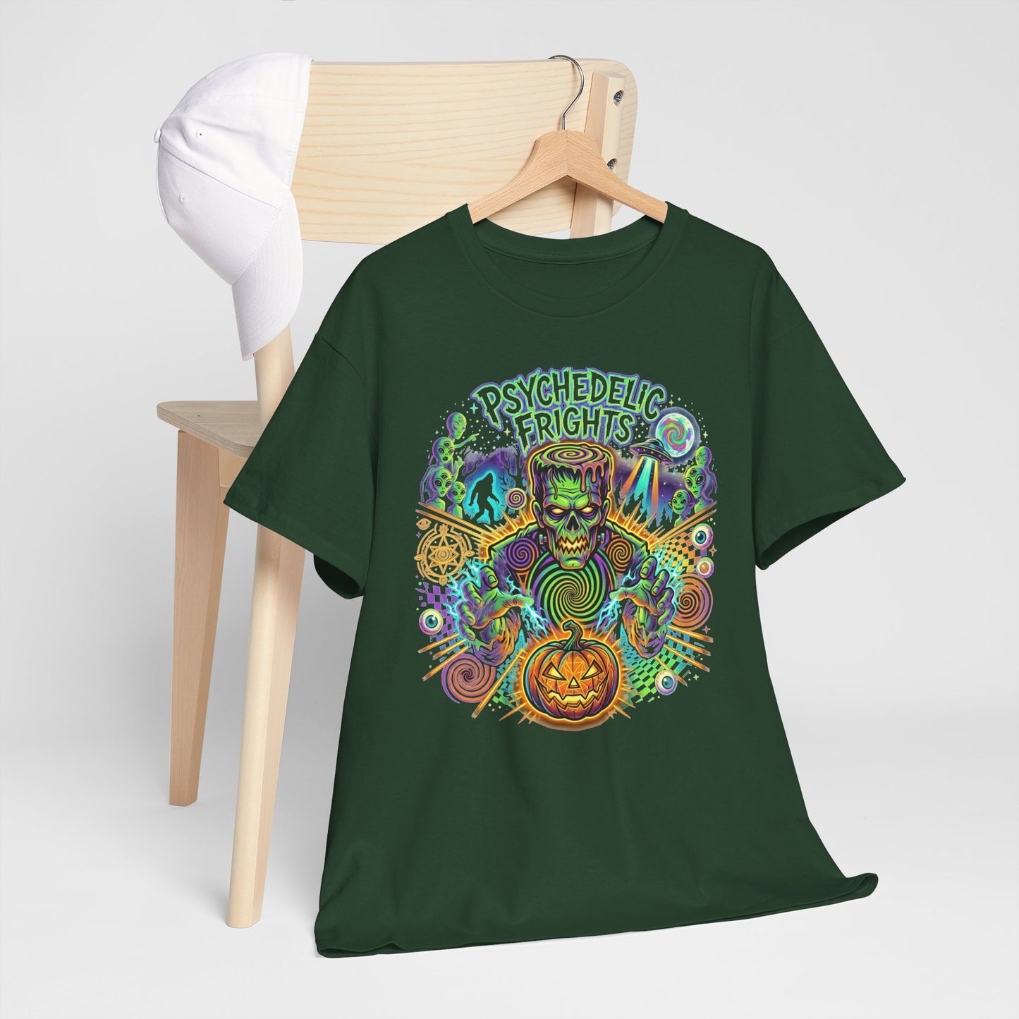 Psychedelic Monsters Halloween Tee — Spooky Pumpkin and Sasquatch Horror Graphic T-Shirt