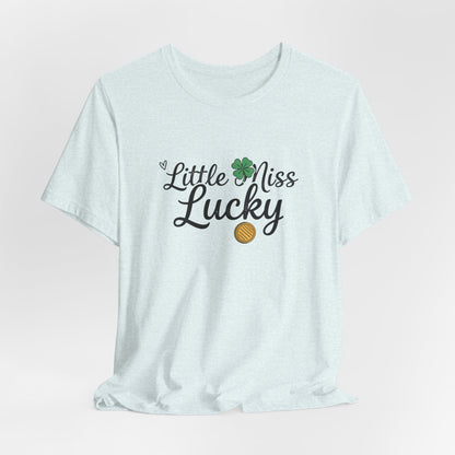 Little Miss Lucky T-Shirt — St. Patrick’s Day Girls’ Tee with Shamrock & Gold Coin