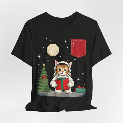 Christmas Cat Faux Pocket — Cute Holiday Cat Holding Gift Night Sky T-Shirt