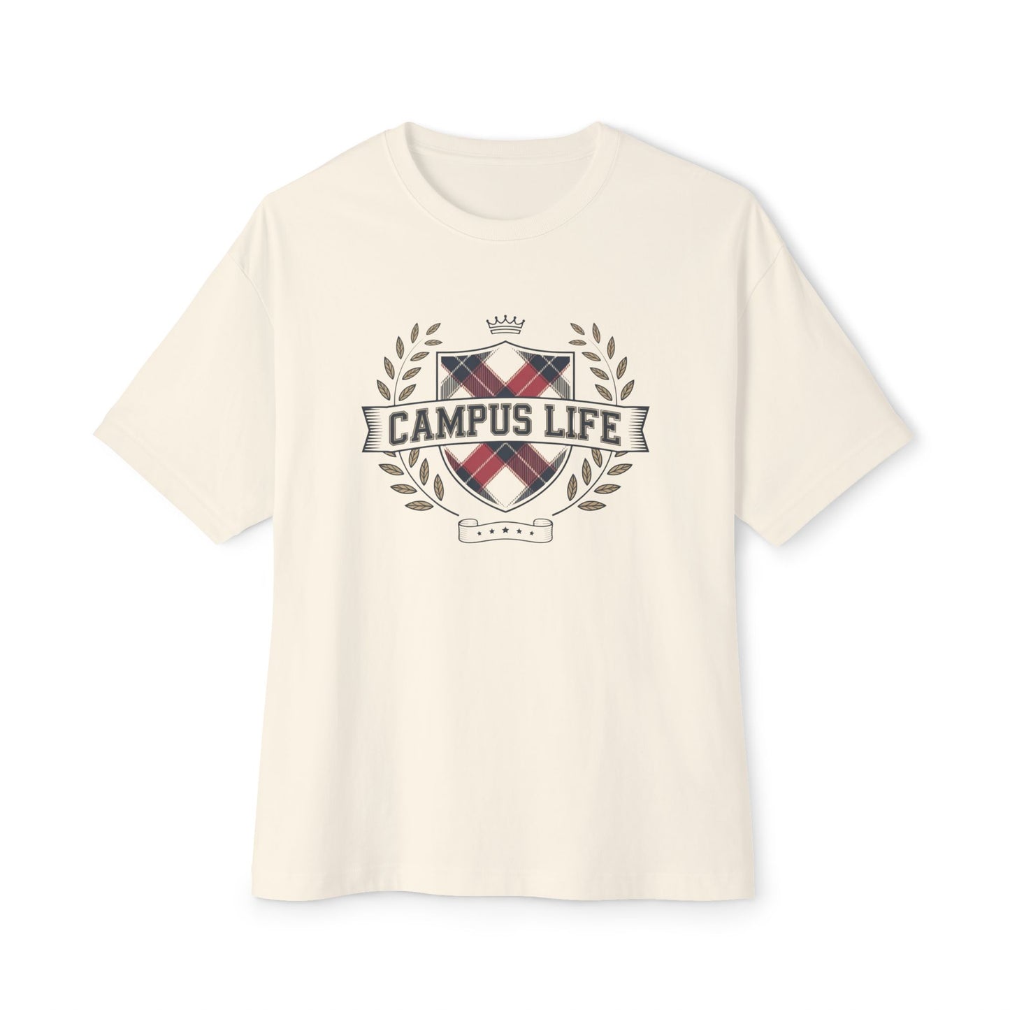 Campus Life Plaid Crest Tee — Oversized Boxy College T-Shirt