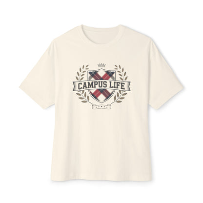 Campus Life Plaid Crest Tee — Oversized Boxy College T-Shirt