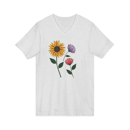 Floral Trio V-Neck Tee — Sunflower & Wildflower Botanical Graphic Shirt