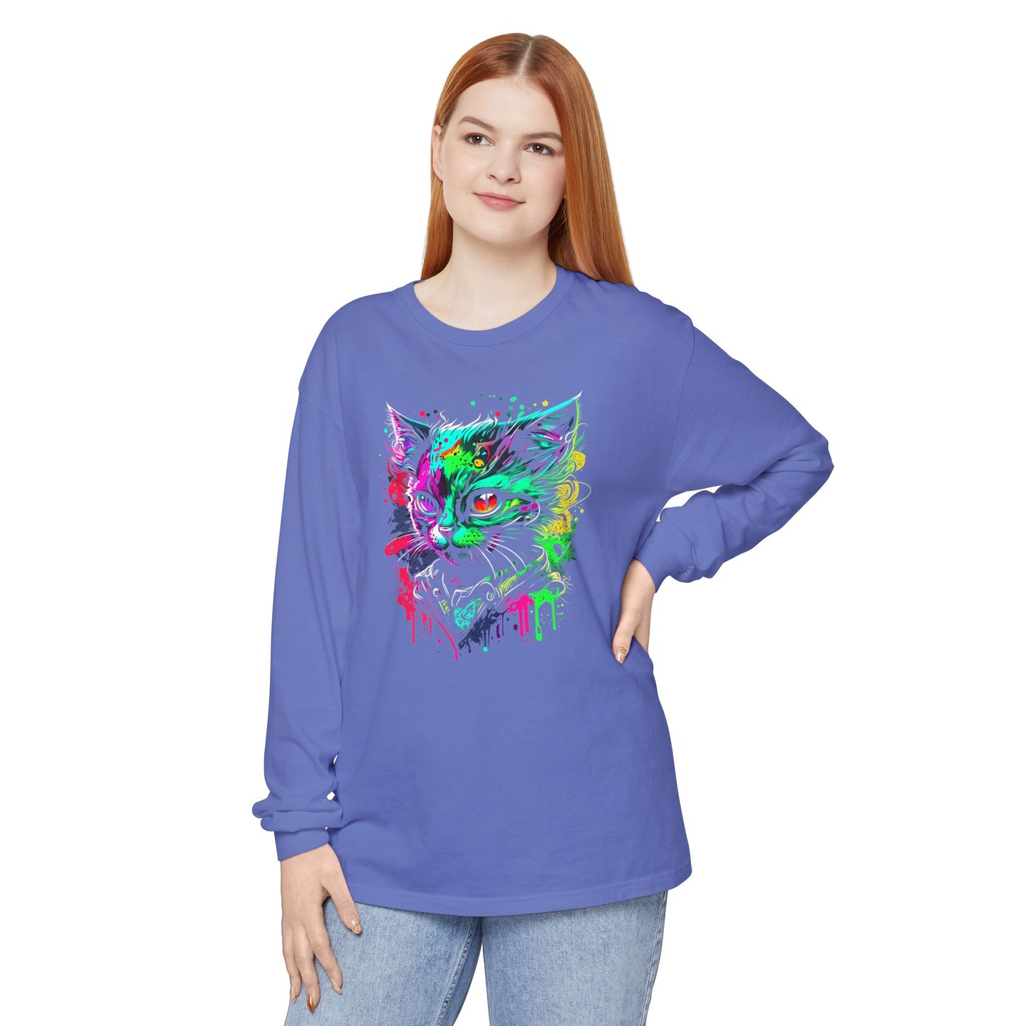 Psychedelic Cat, Unisex Garment-dyed Long Sleeve T-Shirt