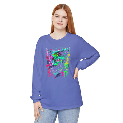 Psychedelic Cat, Unisex Garment-dyed Long Sleeve T-Shirt