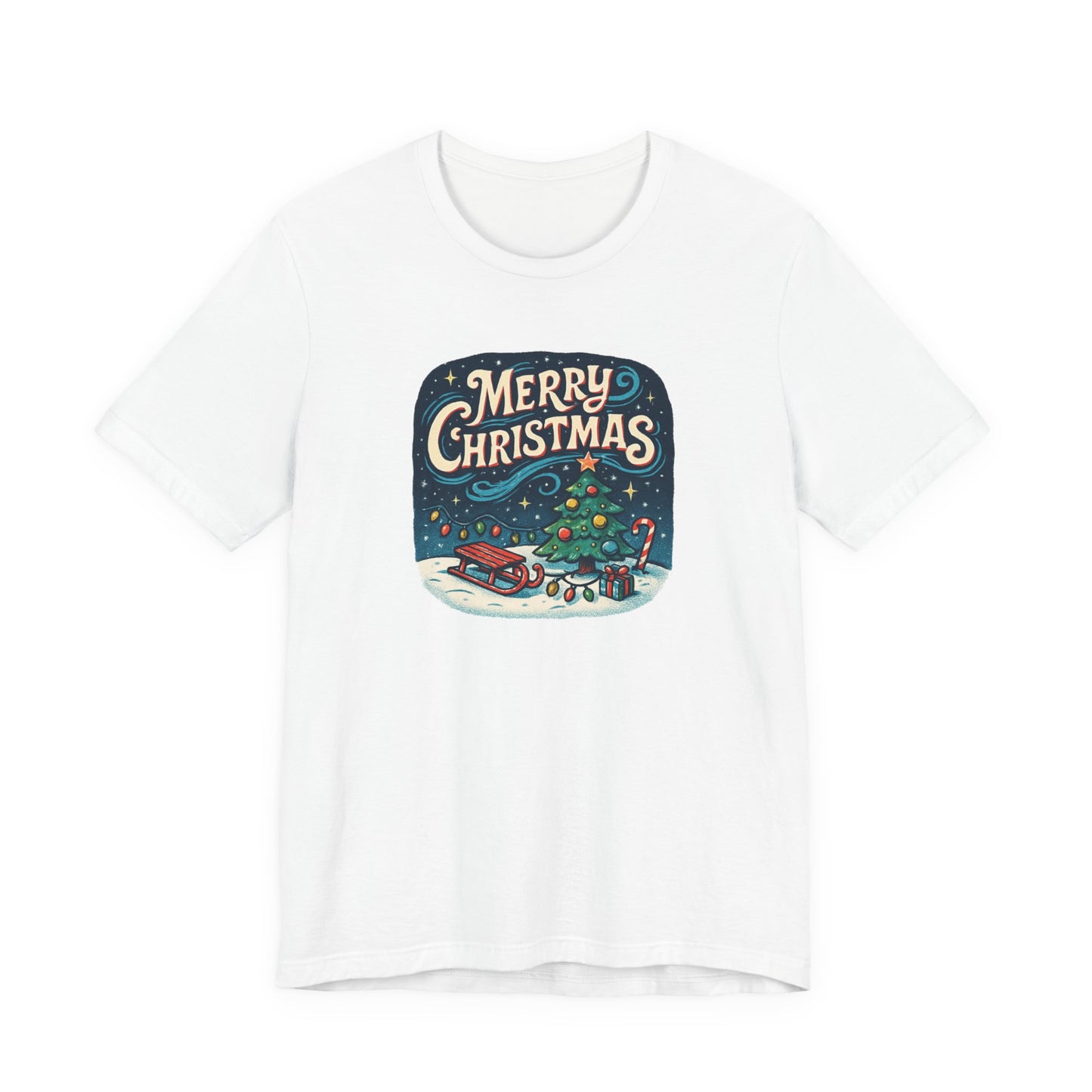 Merry Christmas Tee — Vintage Holiday Tree & Sled Graphic T-Shirt