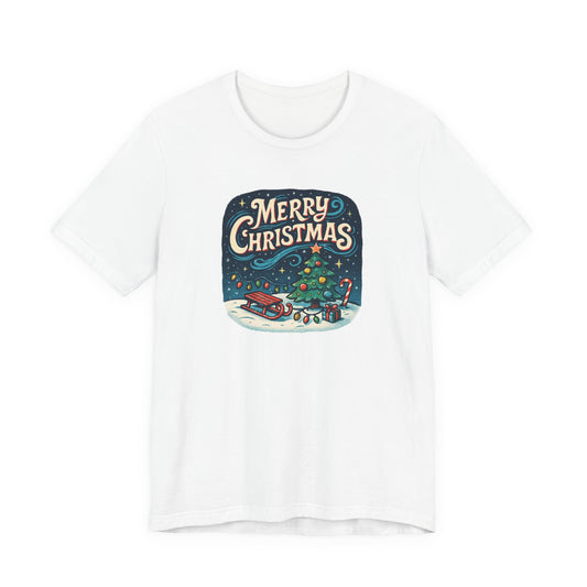 Merry Christmas Tee — Vintage Holiday Tree & Sled Graphic T-Shirt