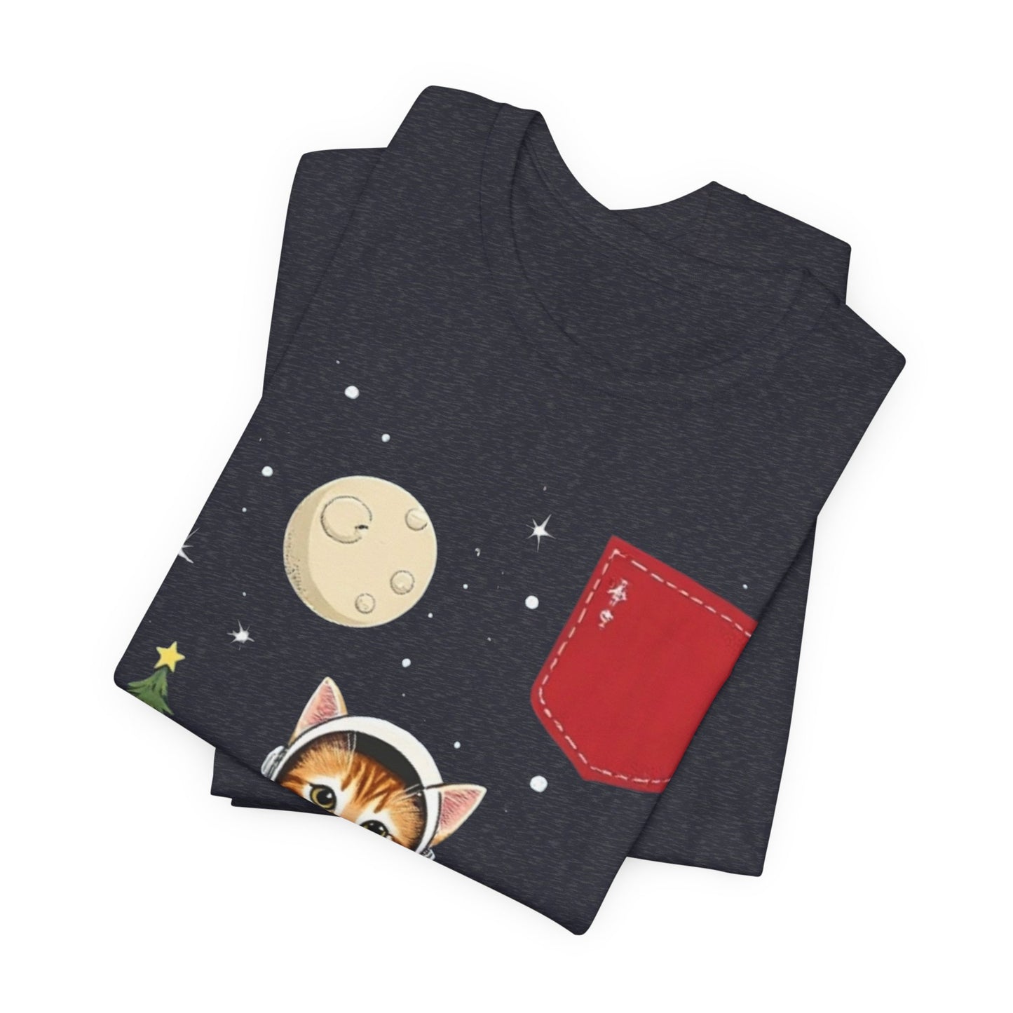 Christmas Cat Faux Pocket — Cute Holiday Cat Holding Gift Night Sky T-Shirt