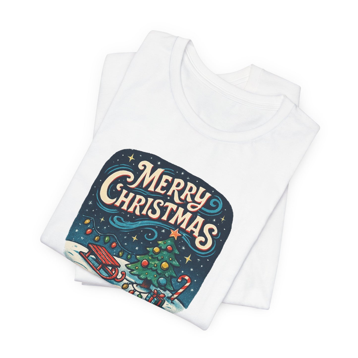 Merry Christmas Tee — Vintage Holiday Tree & Sled Graphic T-Shirt