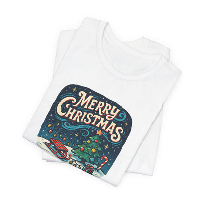 Merry Christmas Tee — Vintage Holiday Tree & Sled Graphic T-Shirt
