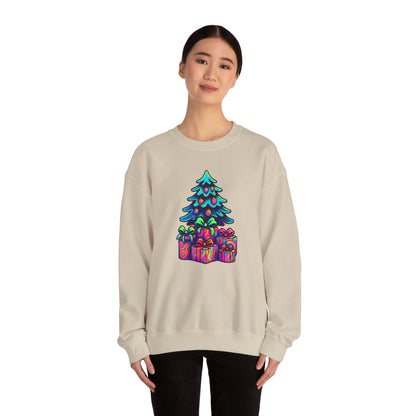 Psychedelic Christmas Tree Sweatshirt — Colorful Holiday Tree with Gifts Crewneck