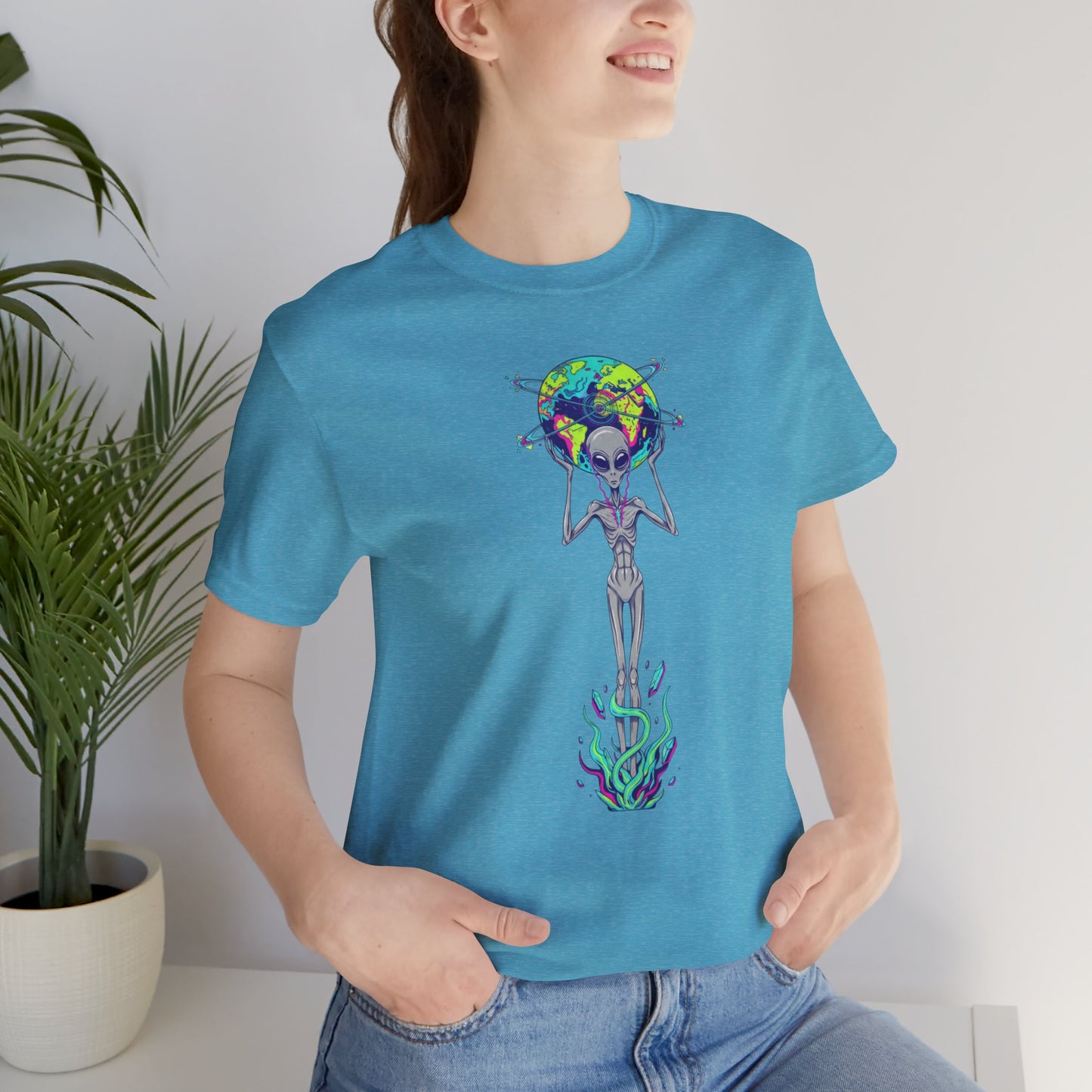 Alien Holding Earth Graphic Tee — Cosmic Sci‑Fi Alien Shirt