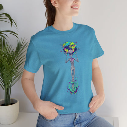 Alien Holding Earth Graphic Tee — Cosmic Sci‑Fi Alien Shirt