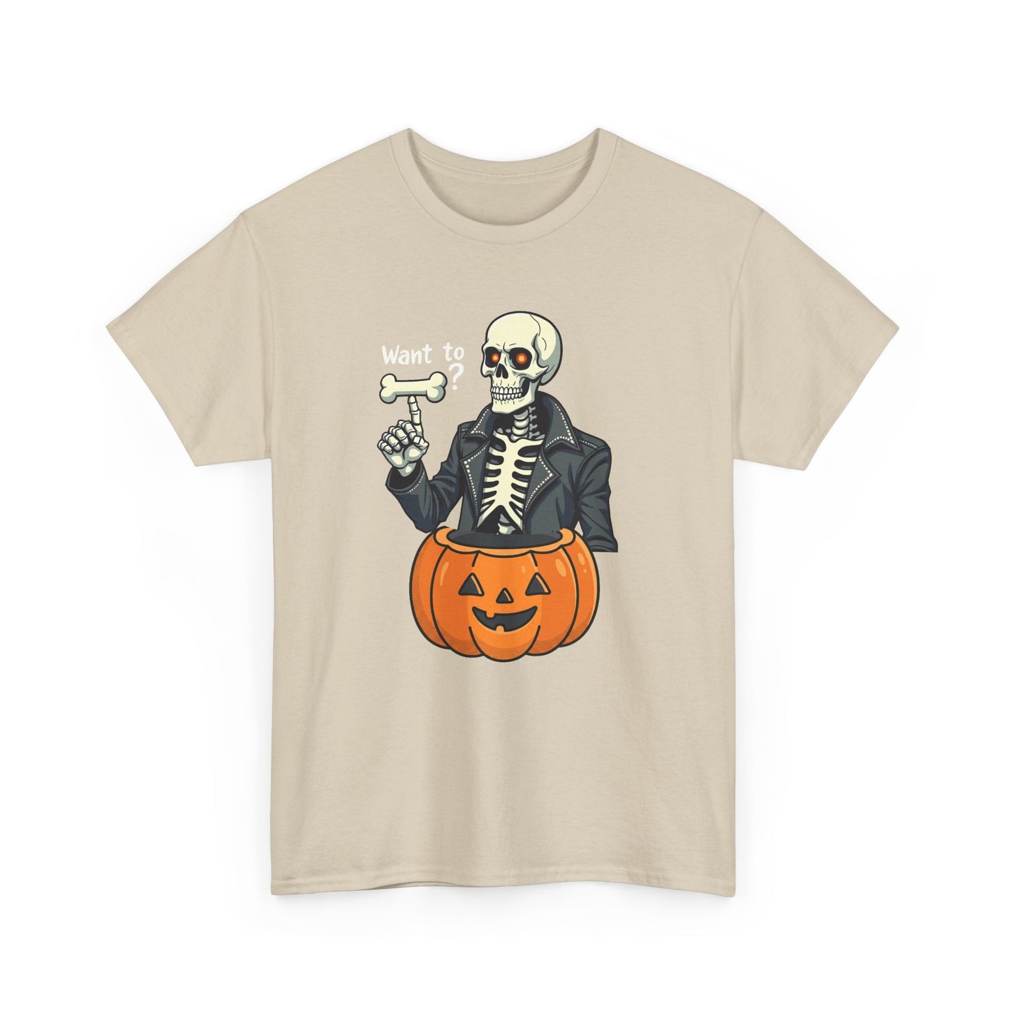 Halloween Skeleton Tee — 'Want to?' Pumpkin Jack-O'-Lantern Graphic Shirt