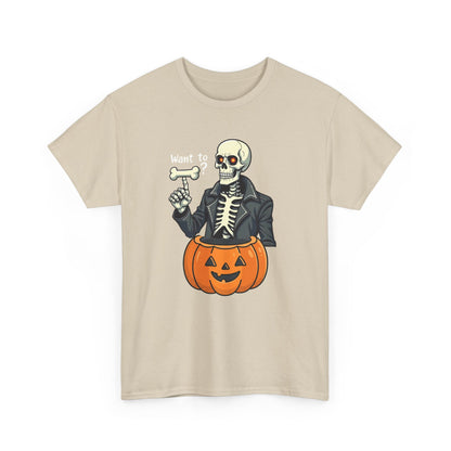Halloween Skeleton Tee — 'Want to?' Pumpkin Jack-O'-Lantern Graphic Shirt