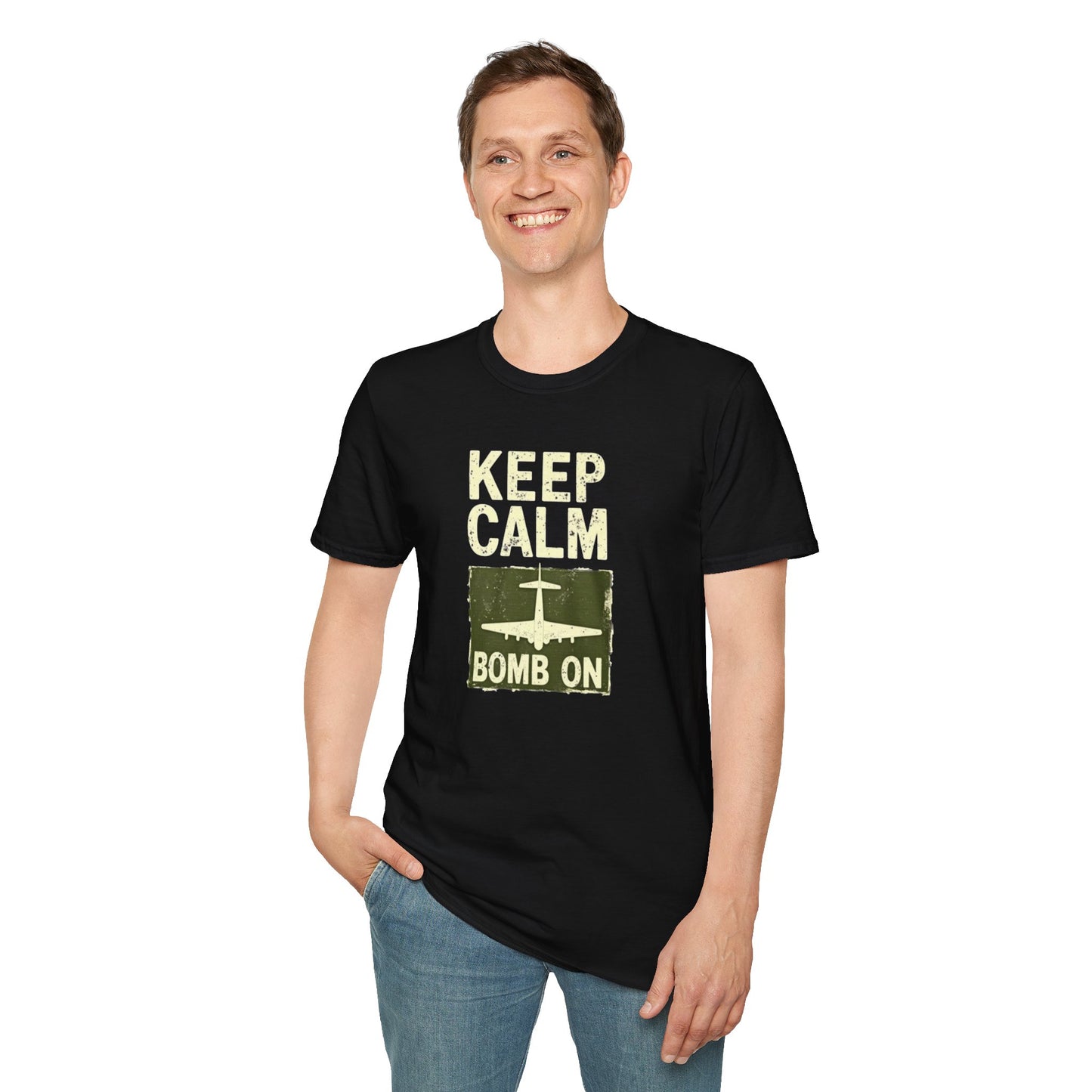 Keep Calm and Bomb On Unisex Softstyle T-Shirt, Casual Wear, Gift for Veterans, Military Humor, Comfortable Tees