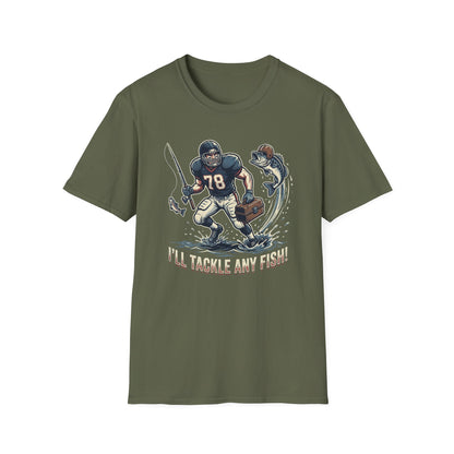 Football Fisherman T‑Shirt – Vintage Helmeted Player Catching Fish Graphic