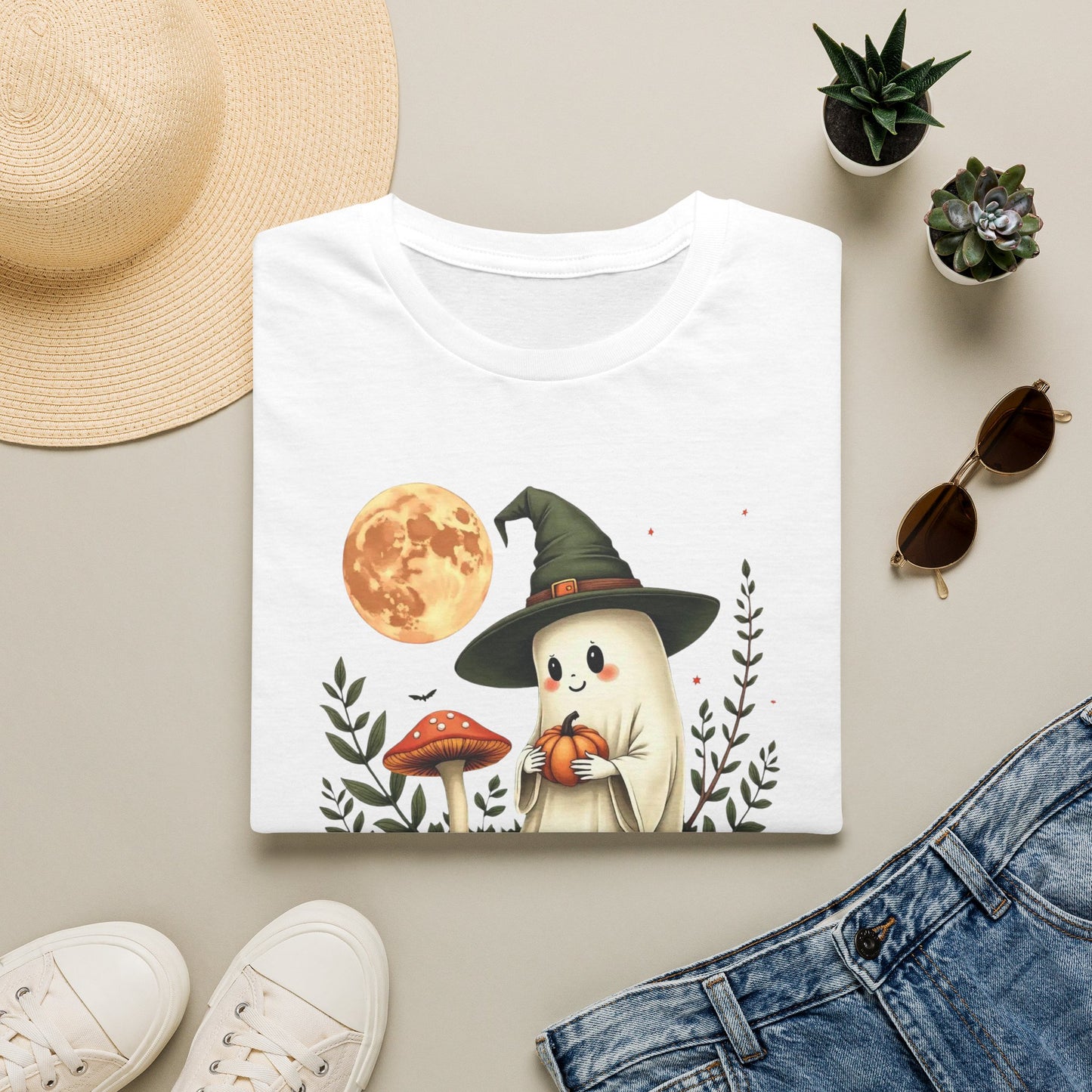 Ghost Witch T‑Shirt — Cute Halloween Moon, Pumpkin & Mushroom Design