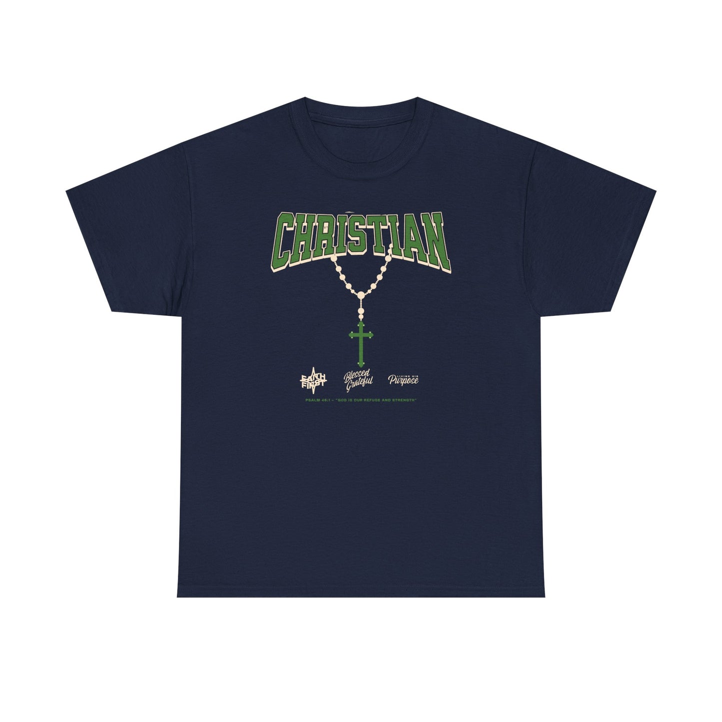 Christian Graphic Tee — Green Rosary Cross Shirt