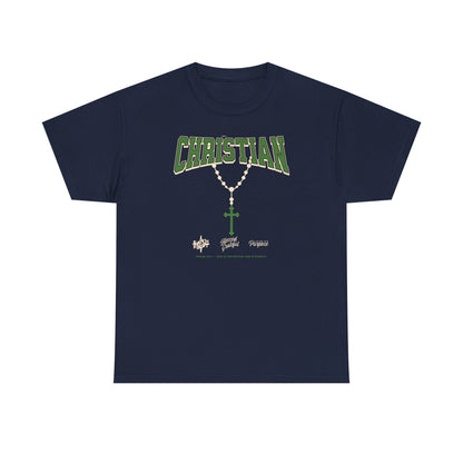 Christian Graphic Tee — Green Rosary Cross Shirt