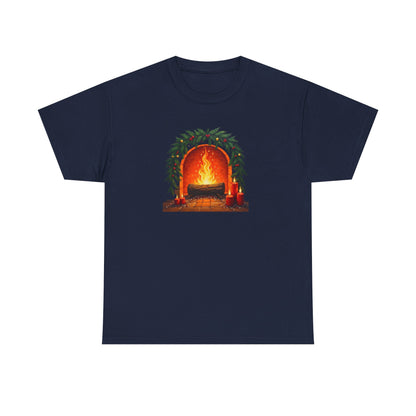 Cozy Holiday Fireplace T-Shirt — Vintage Log Fire Christmas Tee