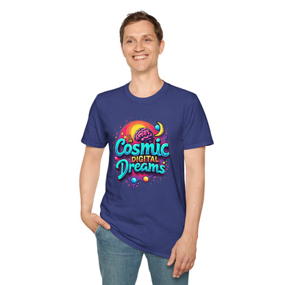 Cosmic Digital Dreams Unisex Softstyle T-Shirt - Vibrant Space-Inspired Design