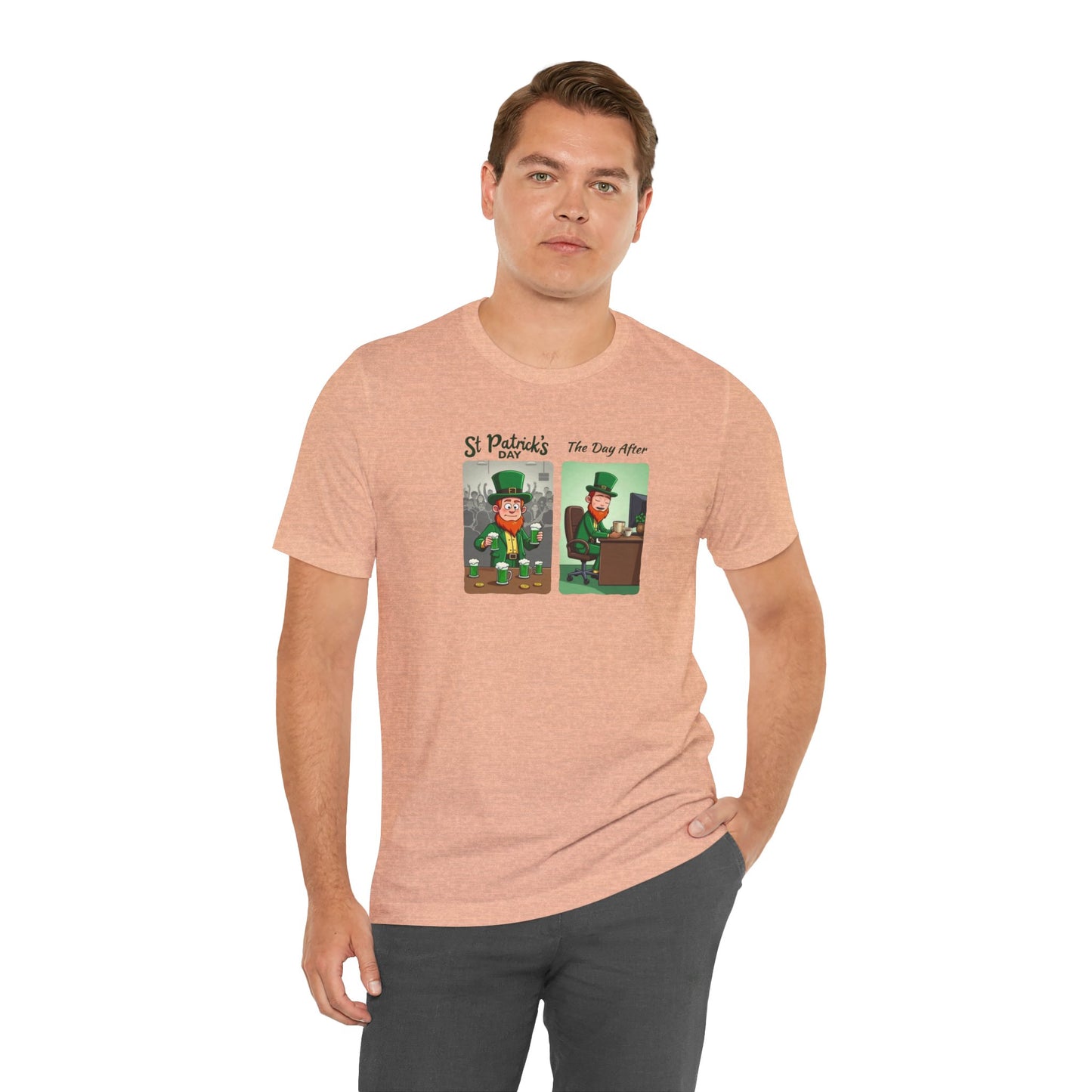 St. Patrick's Day Leprechaun Funny Cartoon T-Shirt — "St. Patrick's Day / The Day After" Tee