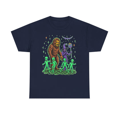 Bigfoot & Aliens Halloween Graphic Tee — Retro Neon Sci‑Fi Cryptid Shirt