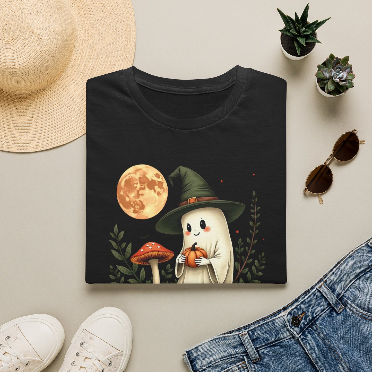 Ghost Witch T‑Shirt — Cute Halloween Moon, Pumpkin & Mushroom Design