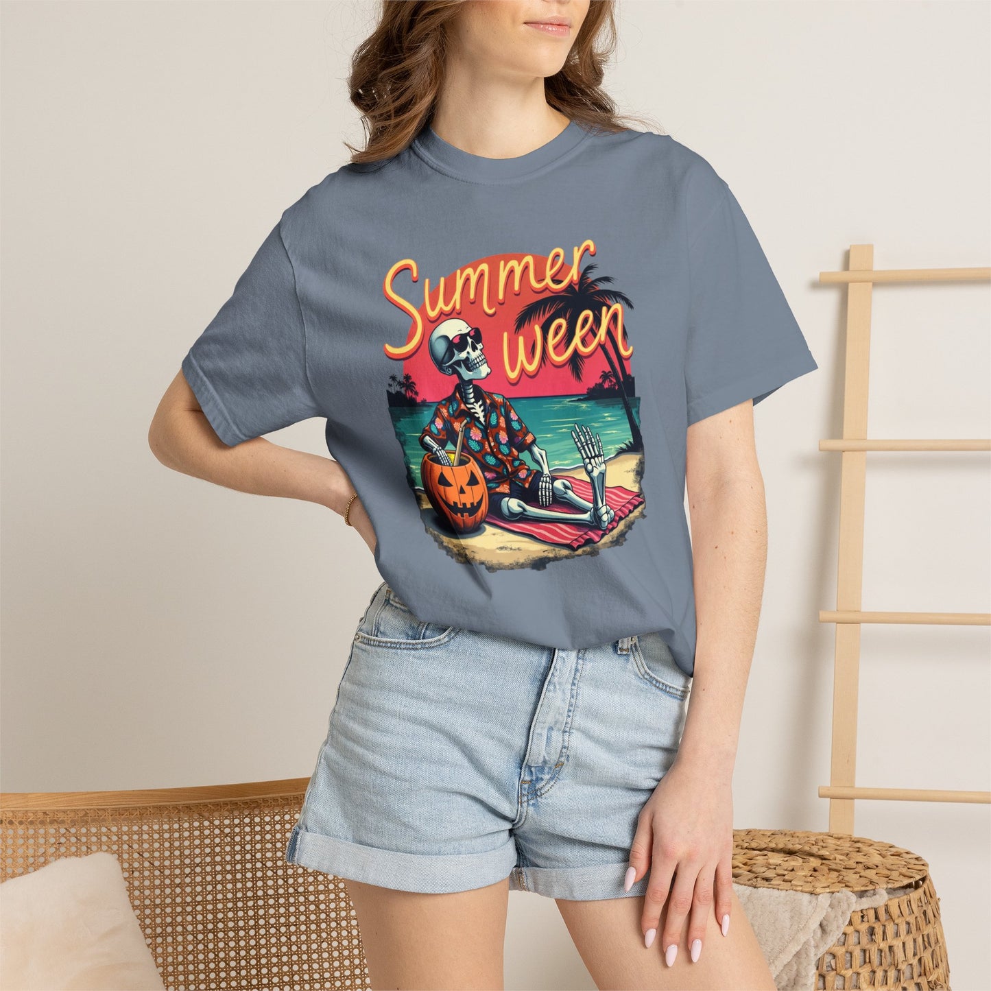 T-Shirt — "Summerween" Beach Skeleton Halloween Graphic Tee