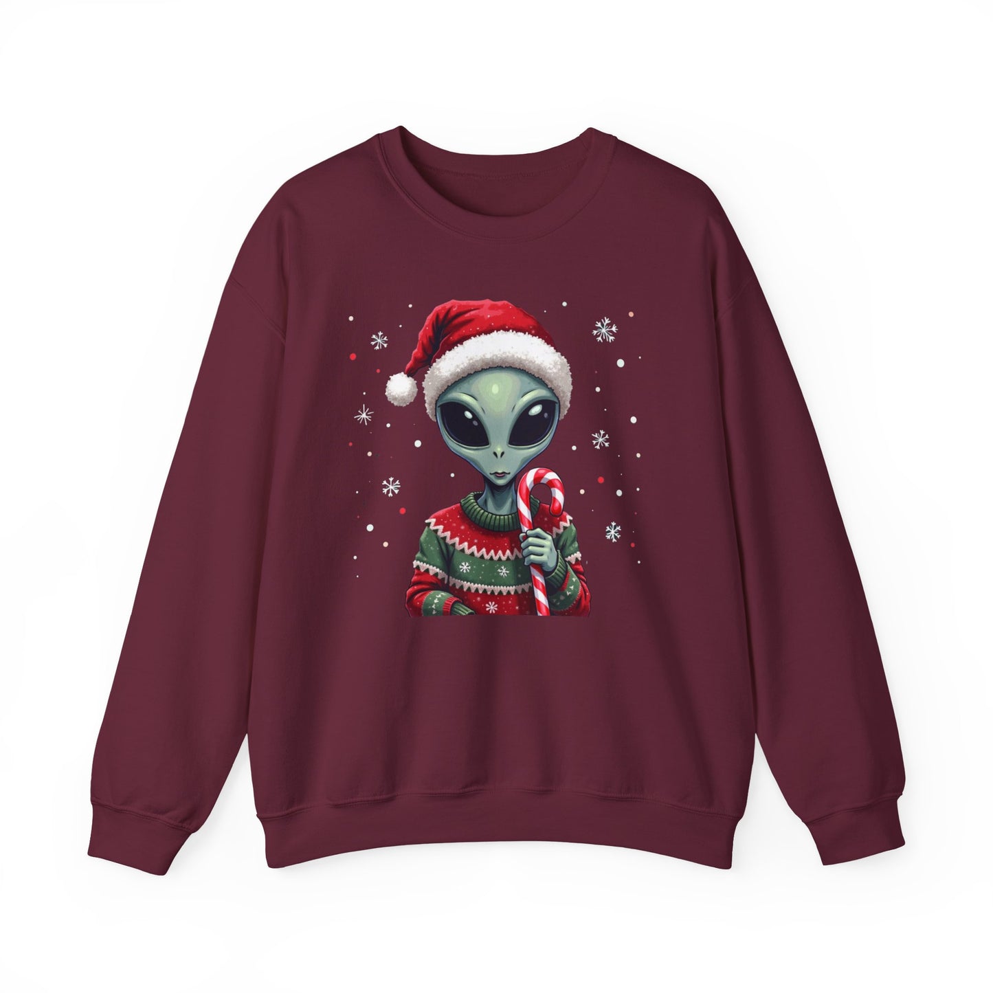 Alien Christmas Sweatshirt — Cute Santa Alien in Candy Cane Sweater