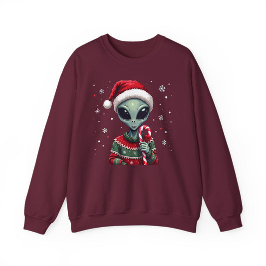 Alien Christmas Sweatshirt — Cute Santa Alien in Candy Cane Sweater