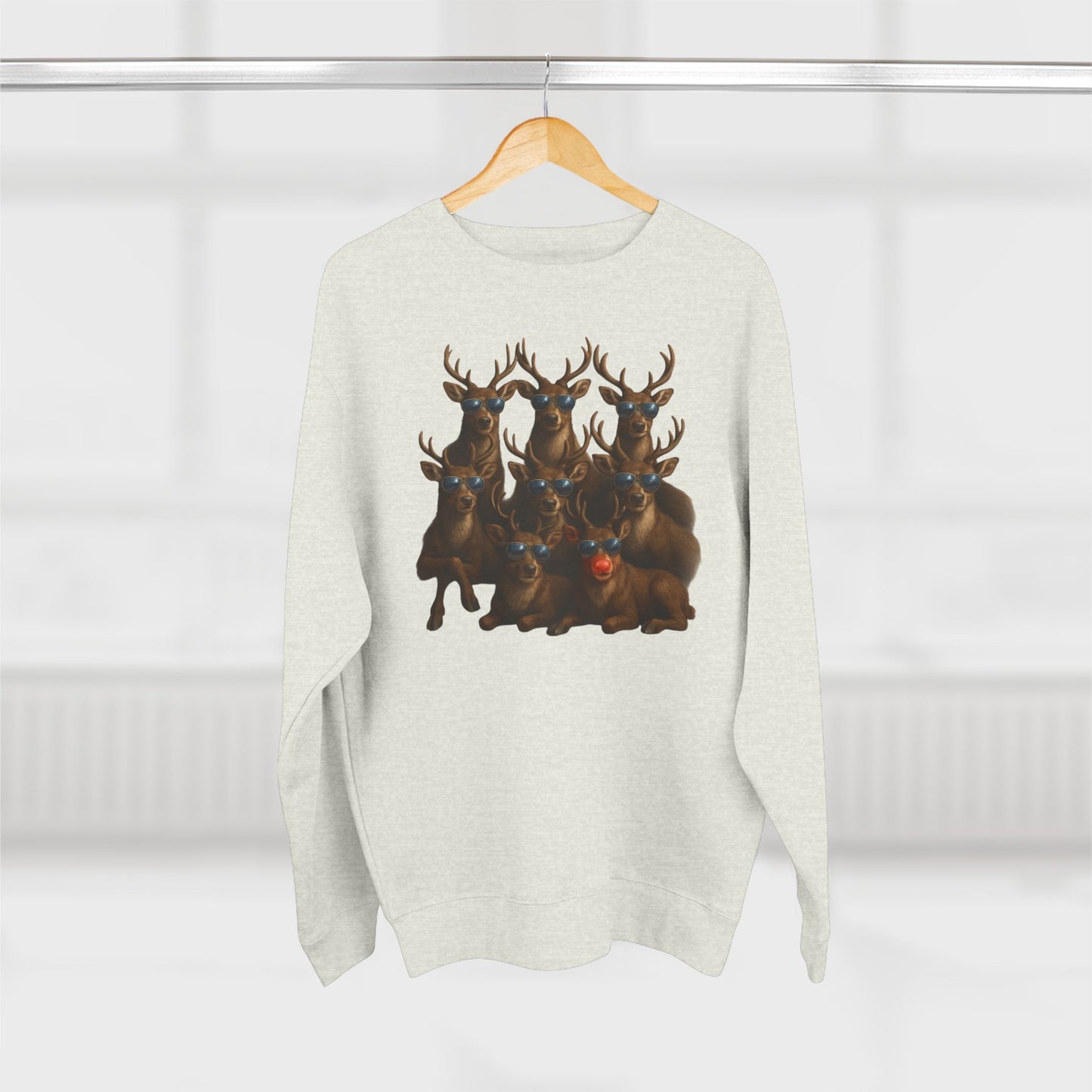 Cozy Reindeer Family Photo, Crewneck Sweatshirt — Rustic Holiday Wildlife Design