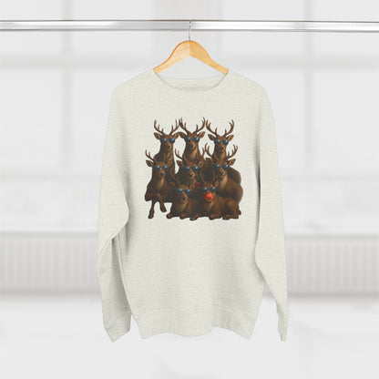 Cozy Reindeer Family Photo, Crewneck Sweatshirt — Rustic Holiday Wildlife Design