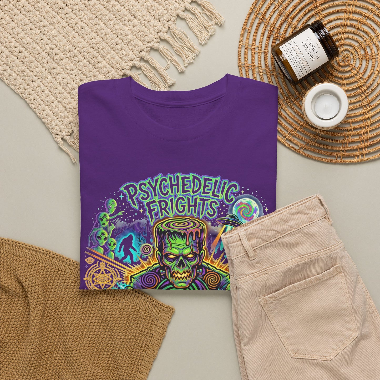 Psychedelic Monsters Halloween Tee — Spooky Pumpkin and Sasquatch Horror Graphic T-Shirt