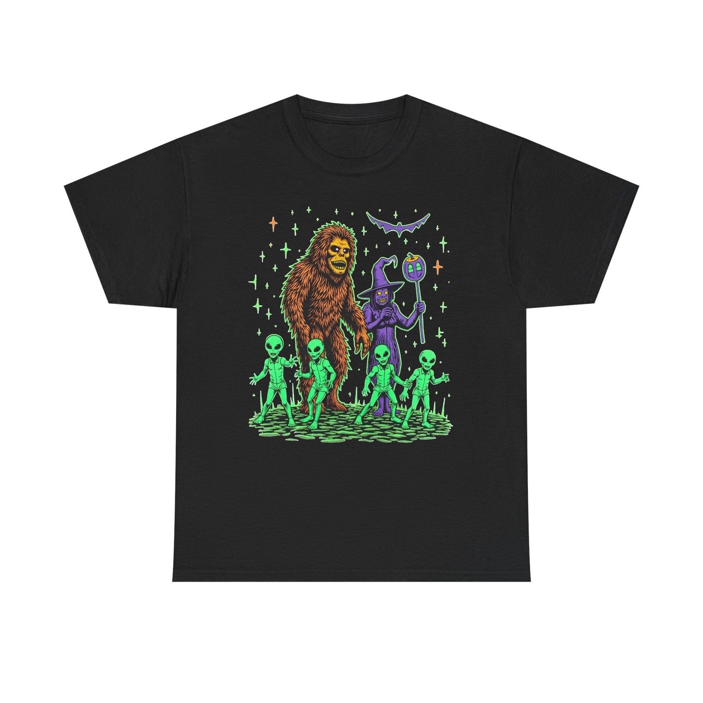Bigfoot & Aliens Halloween Graphic Tee — Retro Neon Sci‑Fi Cryptid Shirt