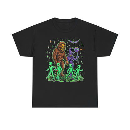 Bigfoot & Aliens Halloween Graphic Tee — Retro Neon Sci‑Fi Cryptid Shirt