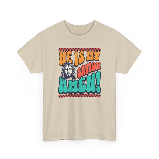 Christian T-Shirt – "He Is My Savior Amen!" Retro Jesus Graphic Tee