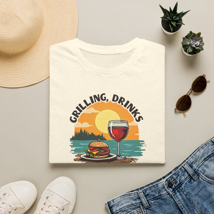 T-Shirt — Grilling, Drinks and Sunshine Retro Sunset BBQ Wine Tee