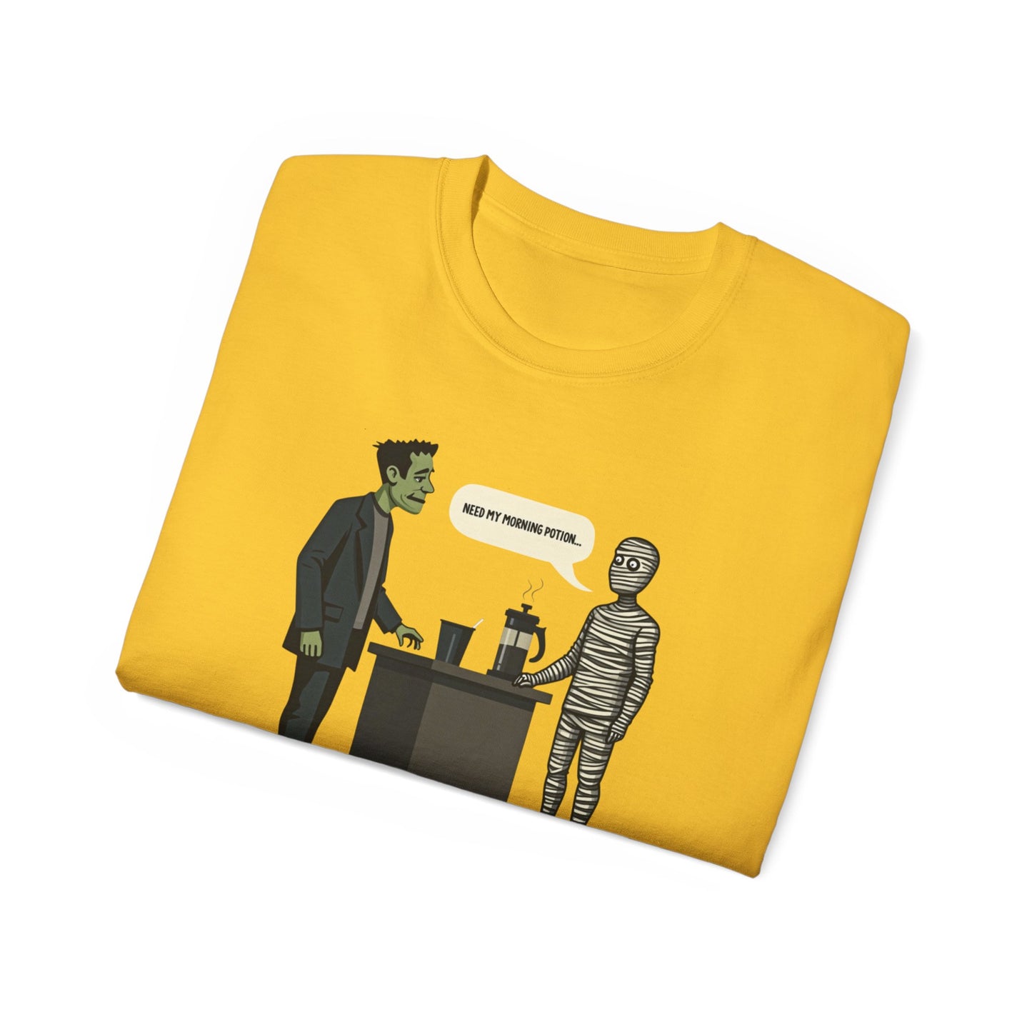 Funny Halloween Tee — Frankenstein & Mummy Coffee Joke Shirt