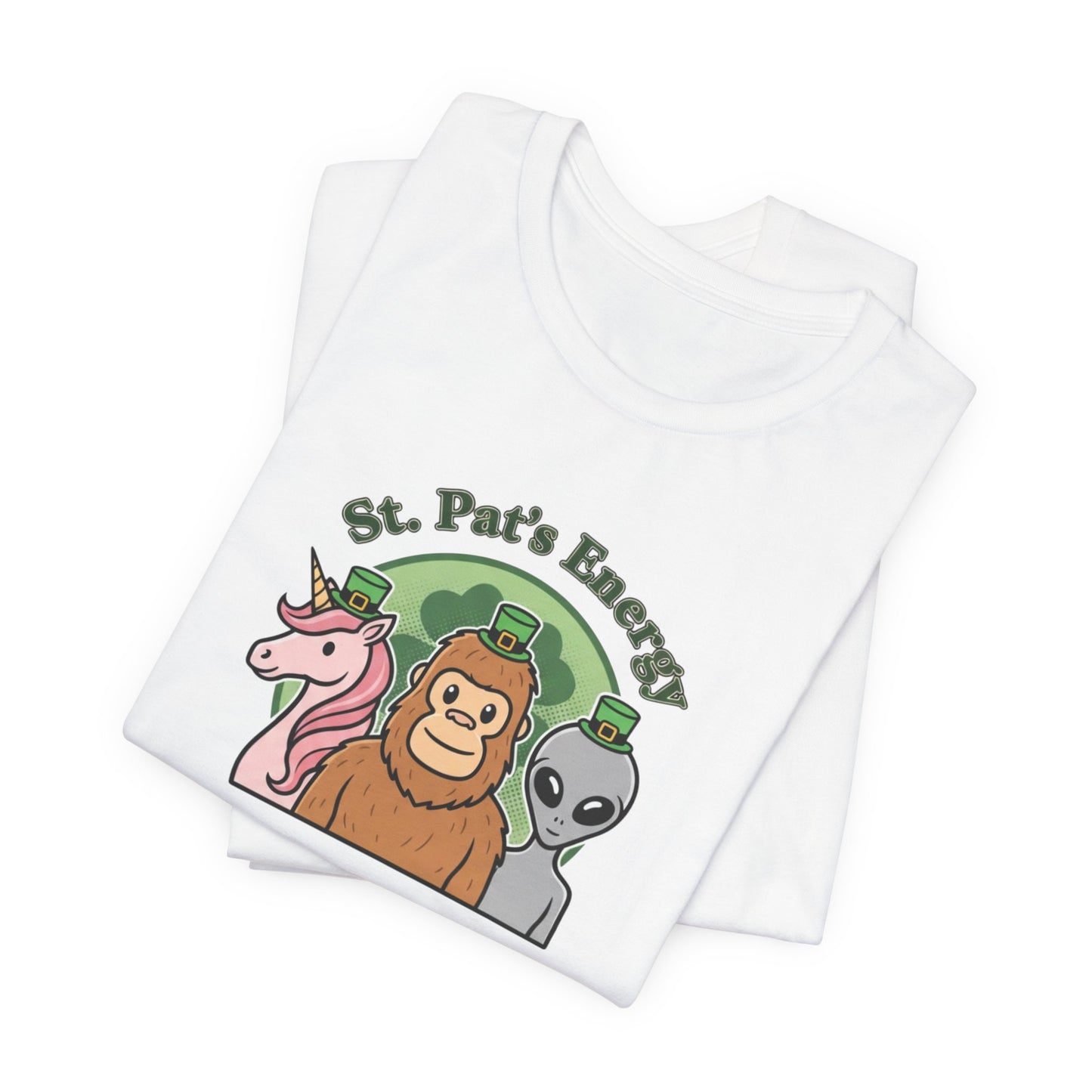 St. Pat’s Energy T‑Shirt — Unicorn, Bigfoot & Alien St. Patrick’s Day Tee