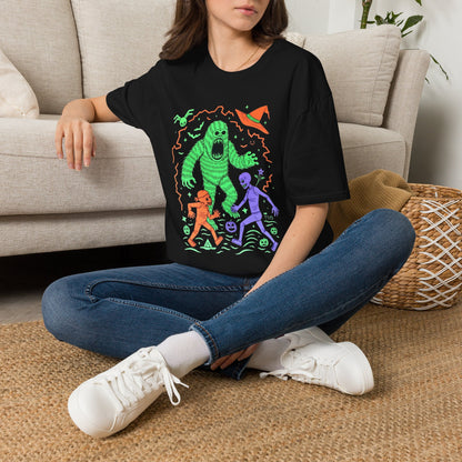 Sasquatch gets angry when out of candy Halloween T‑Shirt — Neon Green Creature Trick‑Or‑Treat Tee