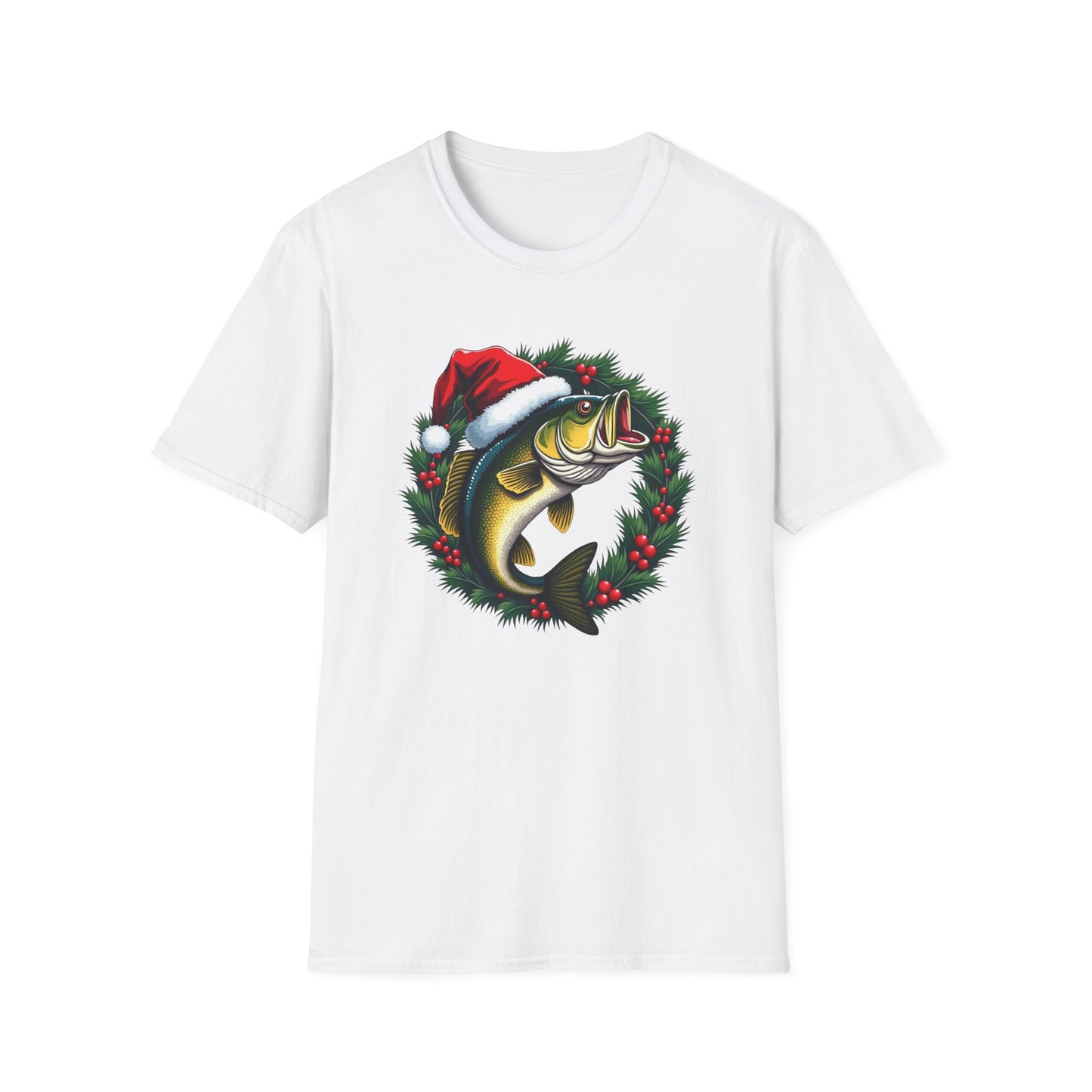 Christmas Wreath Bass Fishing T-Shirt — Santa Hat Fish Holiday Tee